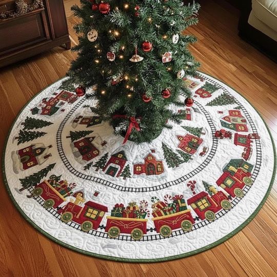 Discover Whimsical North Pole Railway Tree Skirt, Colorful Quilted Xmas Decor, Santa Train & Elf Village Scene, Family Holiday Decoration