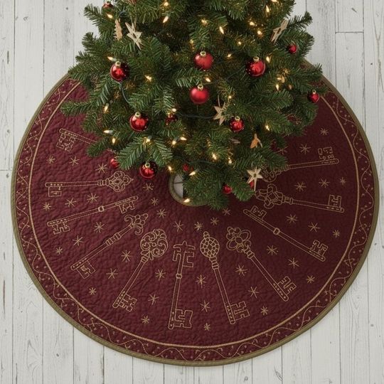Discover Santa's Magic Key Circle Tree Skirt, Deep Red Quilted Xmas Decor, Vintage Skeleton Key Design, Traditional Christmas Accent