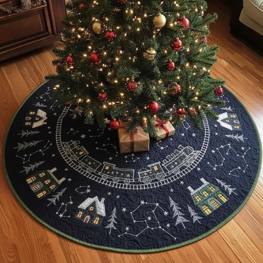The Starlight Celestial Express Tree Skirt, Navy Blue Quilted Xmas Decor, Train Constellation Village Scene, Unique Holiday Gift