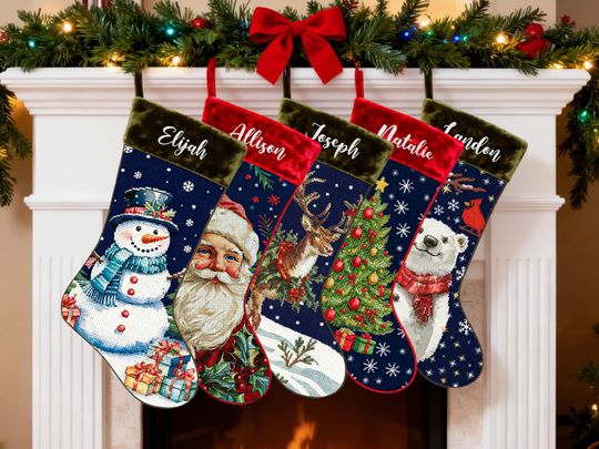 Discover Personalized Needlepoint Christmas Stockings Embroidery Holiday Luxury Vintage Stocking with Name for Christmas Decor