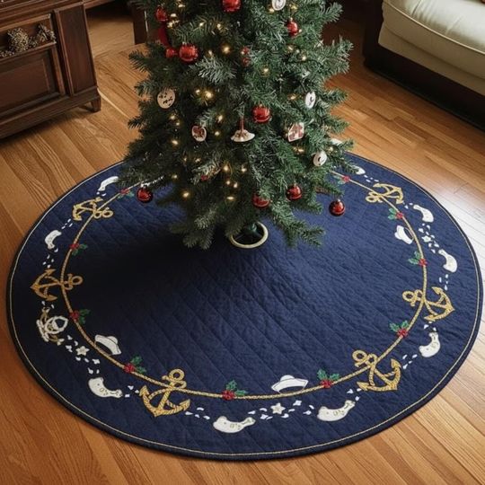 Discover Grumpy Ducks Snowy Wharf Tree Skirt, Nautical Blue Quilted Xmas Decor, Anchor & Holly Coastal Christmas Theme, Unique Holiday Accent