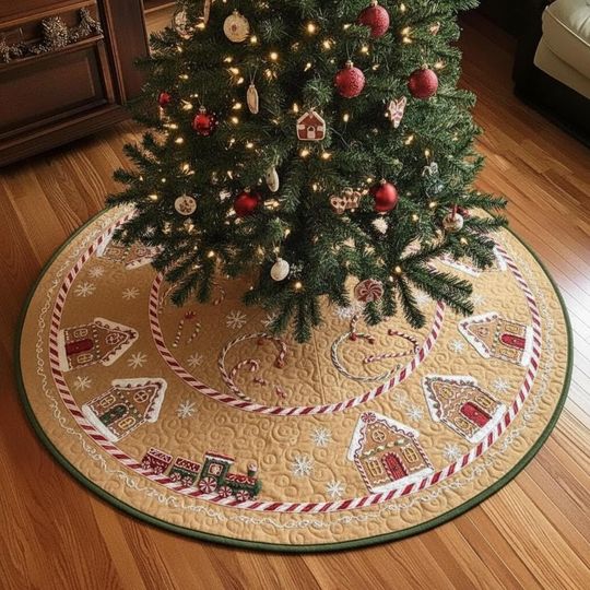 Discover Gingerbread Village Circuit Tree Skirt, Candy Cane Quilted Christmas Decor, Sweet Market Holiday Home Decoration, Colorful Train