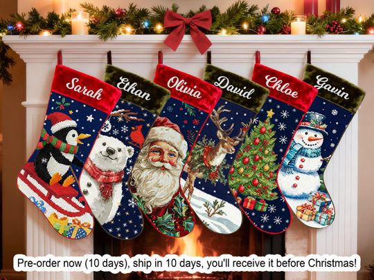 Discover Needlepoint Christmas Stockings Personalized Santa Reindeer Embroidered Stocking with Names Family Stocking