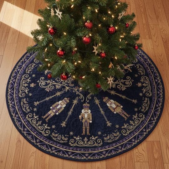 Discover Midnight at the Ballet Tree Skirt, Dark Blue Nutcracker Quilted Decor, Gold & Purple Elegant Holiday Accent, Festive Christmas Skirt