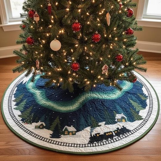Discover Aurora Borealis Express Tree Skirt, Green & Blue Quilted Xmas Decor, Northern Lights Train Scene, Unique Celestial Holiday Gift