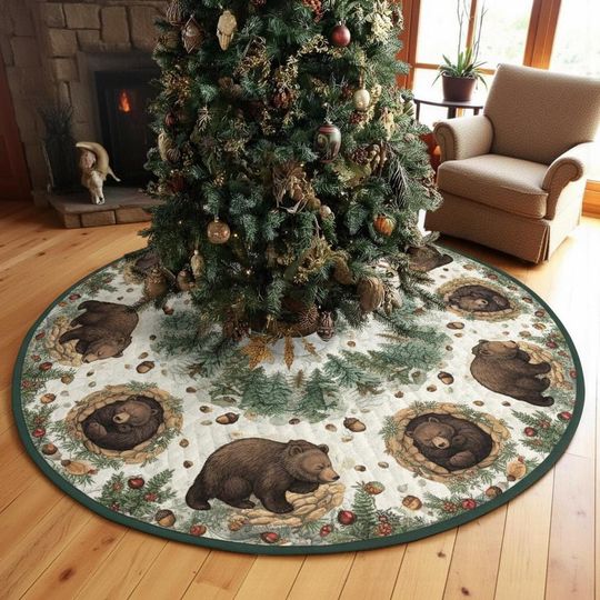 Discover Hibernating Bear Winter Slumber Tree Skirt, Woodland Brown Quilted Xmas Decor, Rustic Cabin Forest Animal Theme, Unique Holiday Gift