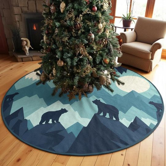 Discover Moonlit Mountain Majesty Tree Skirt, Blue & Teal Bear Quilted Xmas Decor, Geometric Scenic Landscape, Rustic Holiday Decoration