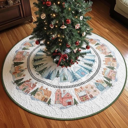 Discover Watercolor Winter Wonderland Tree Skirt, Quilted Pastel Village & Train Scene, Cozy Christmas Town Decor, Unique Holiday Gift