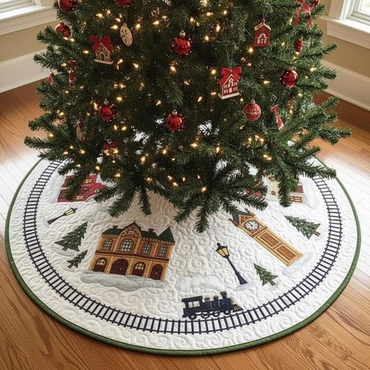 Discover Grand Station Holiday Arrival Tree Skirt, White & Green Quilted Xmas Decor, Train and Clock Tower Scene, Festive Railway Decoration