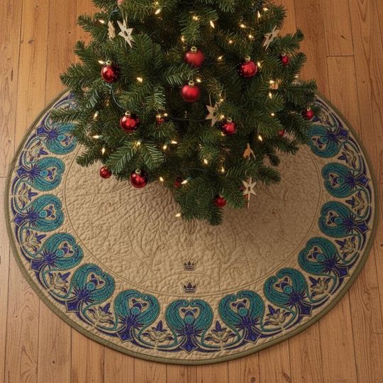 Discover Royal Peacock Plume Border Tree Skirt, Quilted Blue & Teal Xmas Decor, Art Nouveau Style Holiday Accent, Unique Christmas Decoration