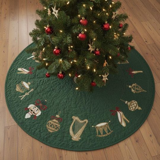 Discover Gilded Theatre Ornaments Tree Skirt, Deep Green Quilted Xmas Decor, Nutcracker Musical Instrument Theme, Traditional Holiday Accent