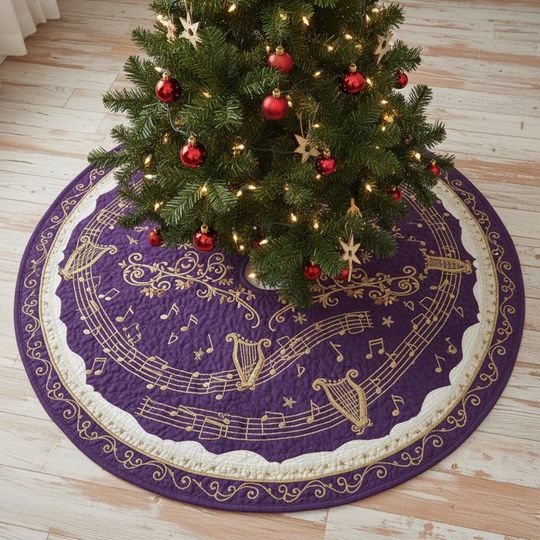Discover Golden Musical Melody Tree Skirt, Rich Purple & Gold Quilted Xmas Decor, Classical Sheet Music Harp Theme, Elegant Holiday Accent