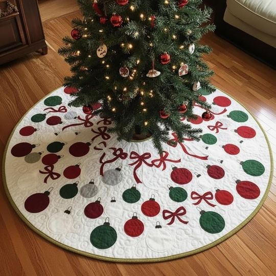 Discover Cascading Baubles and Bows Tree Skirt, White Quilted Gold & Red Xmas Decor, Traditional Ornament Garland, Elegant Holiday Accent