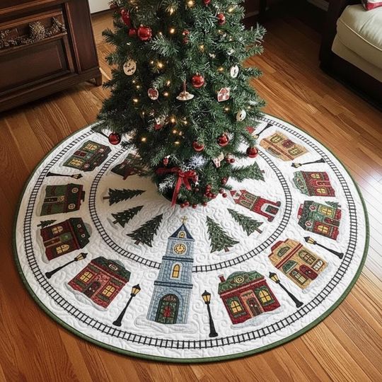 Discover Holiday Town Center Panorama Tree Skirt, White Quilted Xmas Decor, Red & Green Village Scene, Traditional Family Christmas Gift