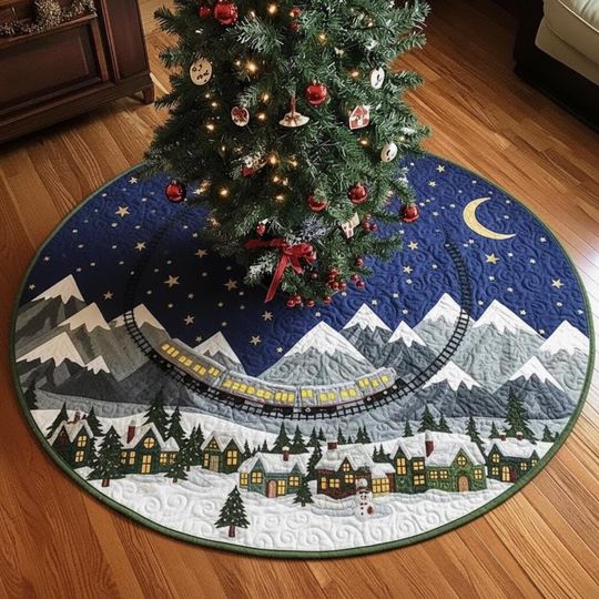 Starry Night Mountain Express Tree Skirt, Navy Blue Quilted Xmas Decor, Celestial Train Scene, Magical Christmas Town Decoration