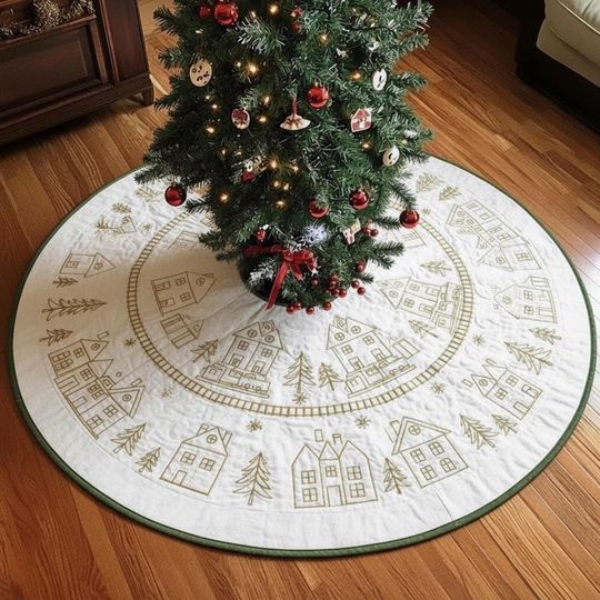 Minimalist Modern Express Tree Skirt, White & Charcoal Quilted Xmas Decor, Simple Geometric Train Line, Sleek Holiday Decoration