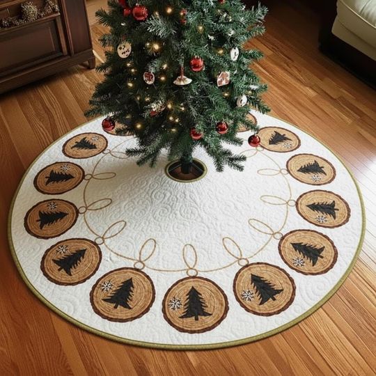Rustic Wood Slice Ornament Tree Skirt, White Quilted Xmas Decor, Natural Evergreen Border, Cozy Cabin Christmas Home Decoration
