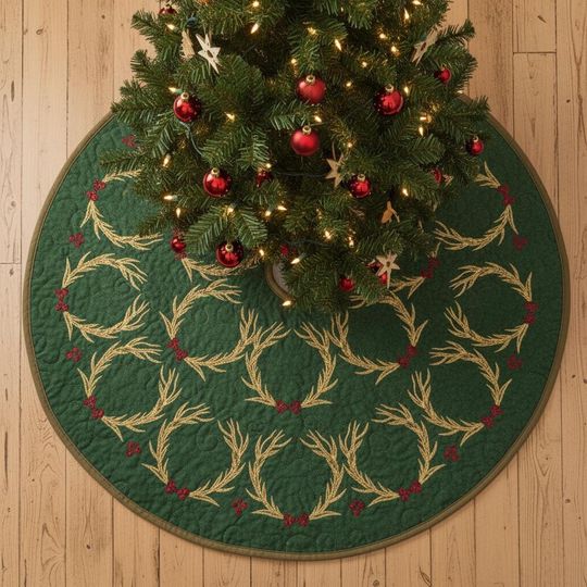 Discover Reindeer Gilded Antlers Tree Skirt, Hunter Green & Gold Quilted Xmas Decor, Rustic Woodland Horns Design, Traditional Christmas Accent