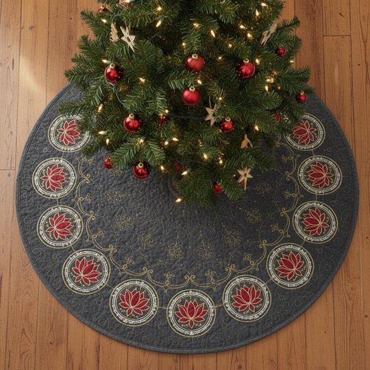 Discover Sacred Crimson Lotus Sigil Tree Skirt, Dark Gray Quilted Xmas Decor, Gold & Red Bohemian Mandala Design, Unique Holiday Decoration