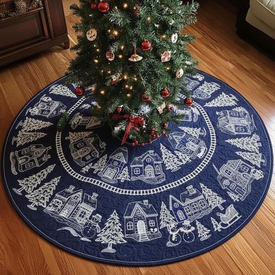 Modern Train Blueprint Sketch Tree Skirt, Navy Blue & White Quilted Xmas Decor, Snowman Village Outline, Unique Holiday Decoration