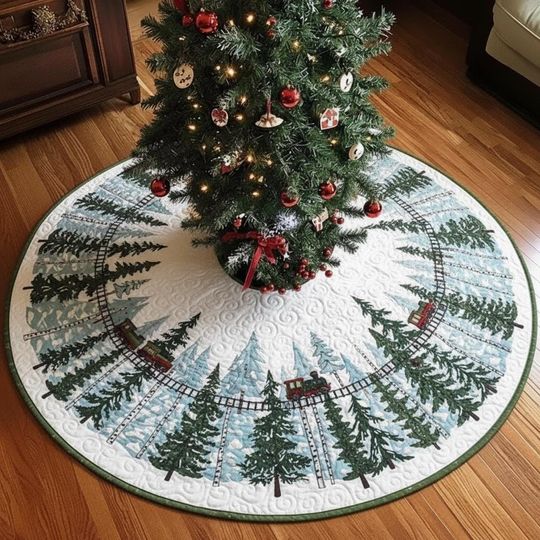 Snowy Forest Track View Tree Skirt, Quilted Train Scene Xmas Decor, Winter Evergreen &Railway Theme, White Green Christmas Decor