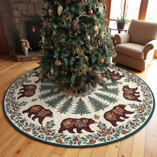 Discover Forest Gathering Folk Art Tree Skirt, Woodland Bear Quilted Xmas Decor, Cozy Cabin Rustic Style, Ivory & Teal Christmas Decoration