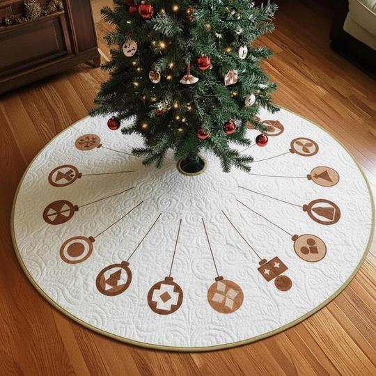Discover Retro Friendship Ornament Ring Tree Skirt, Pastel Pink Quilted Xmas Decor, Vintage Style Bauble Border, Fun Holiday Decoration