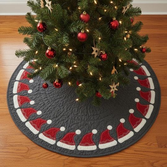 Discover Jolly Red Hat Parade Tree Skirt, Dark Gray Quilted Xmas Decor, Santa Hat Applique Wreath, Modern Festive Christmas Home Decoration
