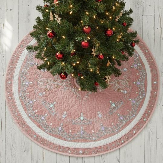 Discover Gemstone Tiara Garland Tree Skirt, Dusty Rose Quilted Xmas Decor, Elegant Princess Jewelry Theme, Glittering Holiday Decoration