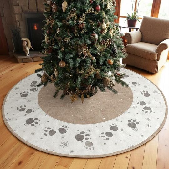 Discover Snowy Bear Paw Trail Tree Skirt, Rustic Cabin Quilted Xmas Decor, Woodland Animal Print Design, Winter Lodge Christmas Decoration