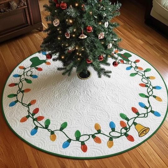 Discover Silly Dogs Tangled Lights Tree Skirt, White Quilted Xmas Decor, Colorful Bulb Garland Design, Fun & Whimsical Christmas Decoration