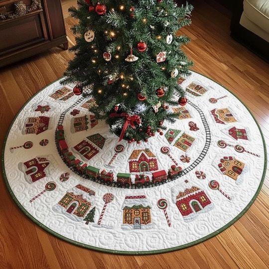 Discover Sweet Gingerbread Railway Tree Skirt, White Quilted Xmas Decor with Train, Candy Cane & Cookie House Theme, Festive Holiday Decoration