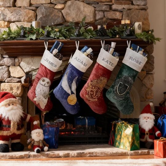 Custom Velvet Embroidered Magic School Christmas Stocking,Personalized Xmas Stocking with Name,Christmas Family Stocking,Harry Fans Gift