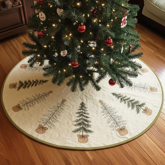 Delicate Sapling Grove Tree Skirt, White & Soft Green Quilted Xmas Decor, Minimalist Evergreen Seedling Pattern, Natural Holiday Look
