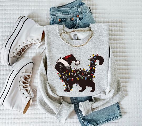Discover Black Cat Christmas Sweatshirt, Santa Cat Design, Cute Cat Holiday Tee, Festive Cat Lover Gift