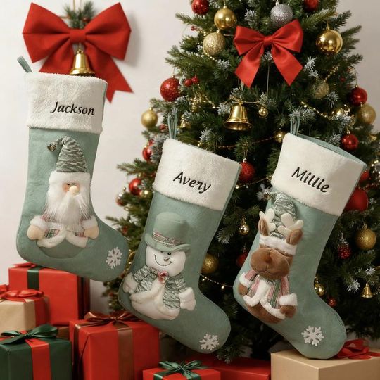 Discover Custom Embroidered Name Christmas Stockings, Mint Green Plush Family Socks, 3D Characters, Modern Farmhouse Decor, 2025 Christmas Gifts
