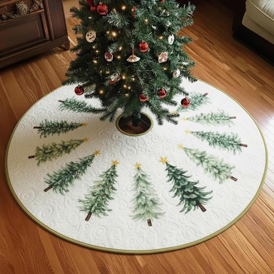 Watercolor Evergreen Grove Tree Skirt, White Quilted Xmas Decor, Natural Christmas Tree Design, Simple Rustic Holiday Decoration