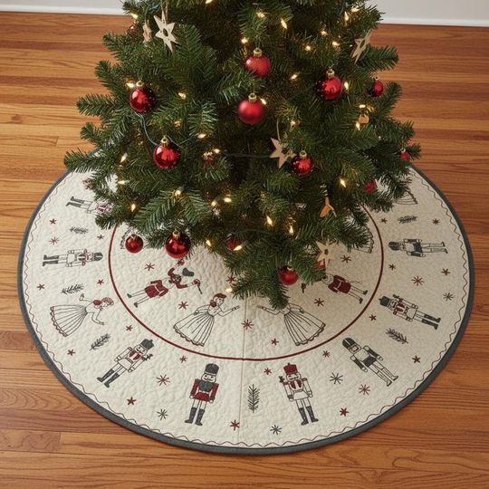 Discover Scandinavian Nutcracker Solstice Tree Skirt, Folk Art White & Red Quilt, Festive Ballet Holiday Decor, Round Christmas Decoration
