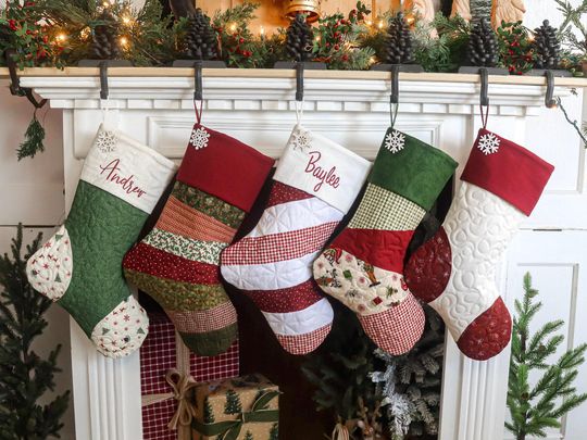 Discover Quilted Christmas Stocking, Patchwork Design, Embroidered Cuff, Country Farmhouse Decor
