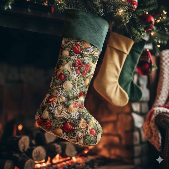 Vintage Green Floral Christmas Stocking: Embroidered Velvet Keepsake