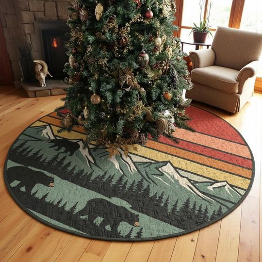 Discover Retro Mountain Bear Vista Tree Skirt, Vintage Sunset Stripes & Forest Quilt, Rustic Cabin Xmas Decor, Unique Holiday Decoration