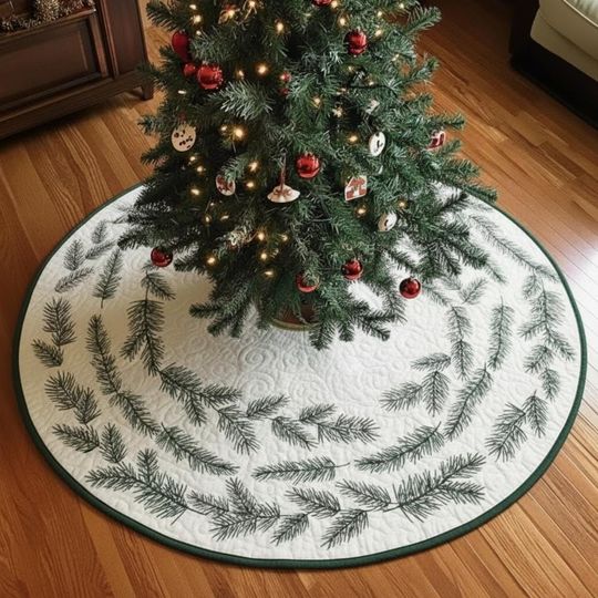 Hand-Sketched Fir Branch Tree Skirt, White & Green Quilted Xmas Decor, Natural Winter Evergreen Ring, Round Christmas Decoration