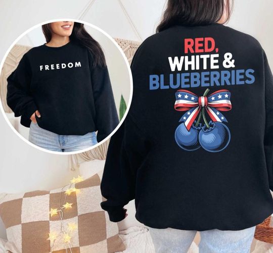 Red, White, and Blueberries Unisex Retro Sweatshirt with USA Flag and Memorial Design