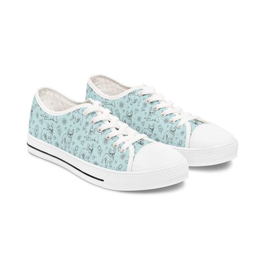 Discover Canvas Sneakers, French Bulldog Pattern Low Top Women's Shoes, Blue Floral Design, Cute Dog Lover Gift, Casual Footwear