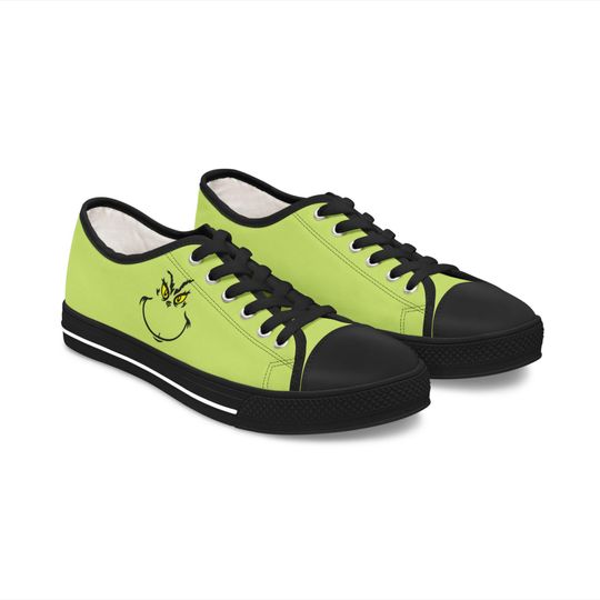 funny character Low Top Sneakers, Christmas Green Shoes with funny character Face, Women's Sneakers, Holiday Sneakers, funny character Shoes, Black Sole Sneakers