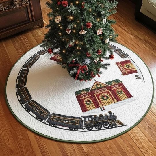 Discover Grand Station Christmas Tree Skirt, Train Arrival Scene, Large Quilted Village Holiday Decor, White and Green