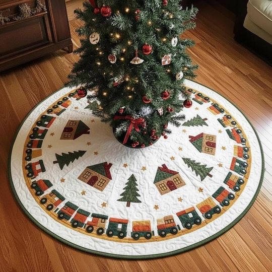Discover Retro Toy Block Express Tree Skirt, Colorful Quilted Train Skirt with Houses & Trees, Nursery Christmas Decor