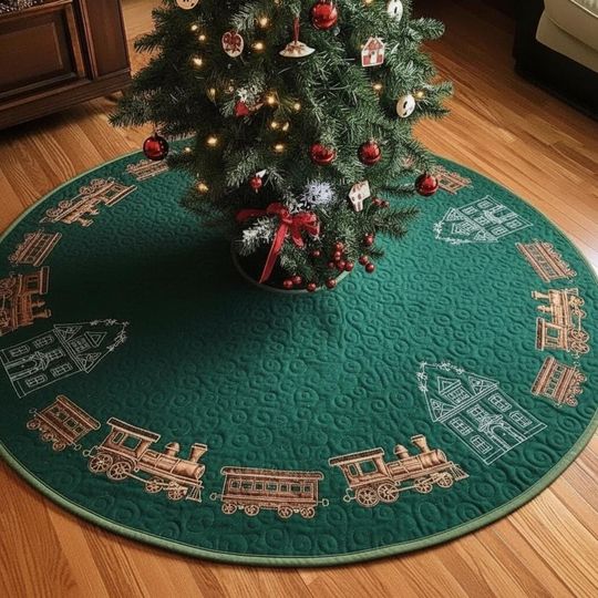 Discover Gilded Emerald Railway Tree Skirt, Green Quilted Skirt with Gold Train & House Outline, Luxury Holiday Decor