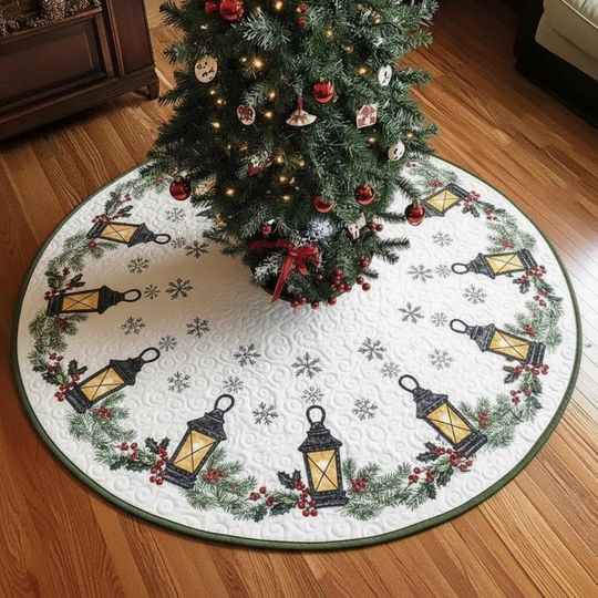 Discover Winter Market Lantern Tree Skirt, White Quilted Skirt with Greenery & Berry Wreaths, Cozy Holiday Decor