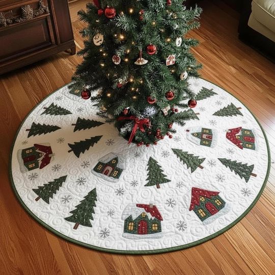 Discover Holiday Folk Art Express Christmas Tree Skirt, Quilted White with Houses & Trees, Winter Village Decor Mat